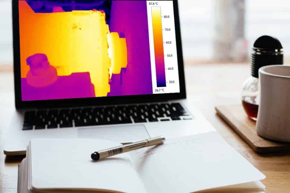 Laptop showing a thermal image of an electric motor next to an open notebook, representing flexible self-paced study